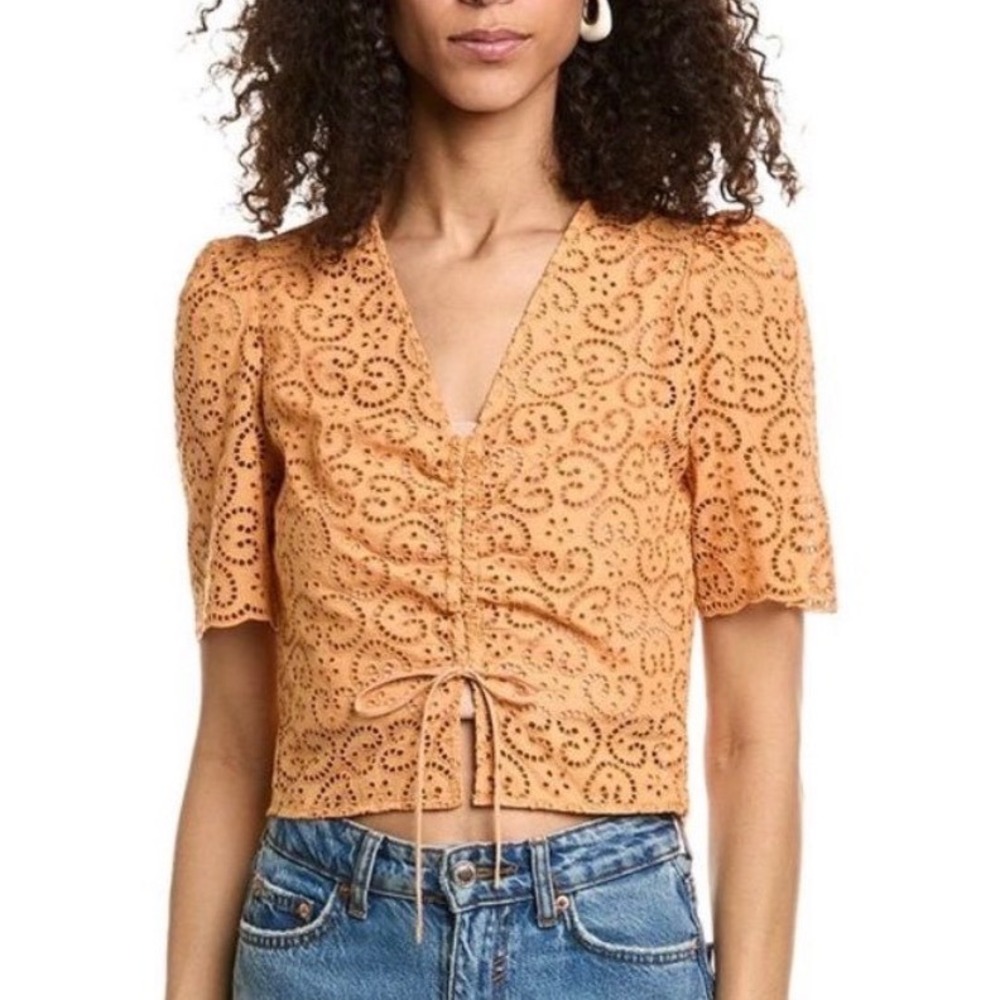 NWT Sandro Livio Broderie Anglaise Front Tie‎ Blouse Orange Eyelet Cropped 2
